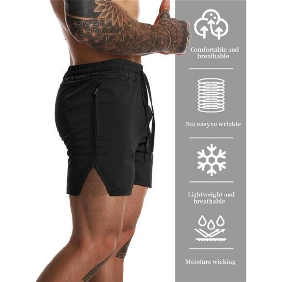 Men's Gym Workout Shorts Quick Dry 3 Inch Running Training Zip Pocket Towel - Picture 2 of 7